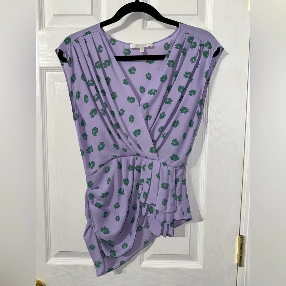 WAYF Purple Asymmetrical Wrap Blouse Cap Sleeve (XS) - Picture 9 of 16